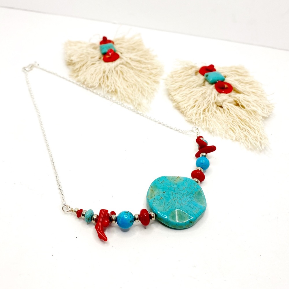 NWT ShanRiLa Turquoise & Red Beaded Necklace